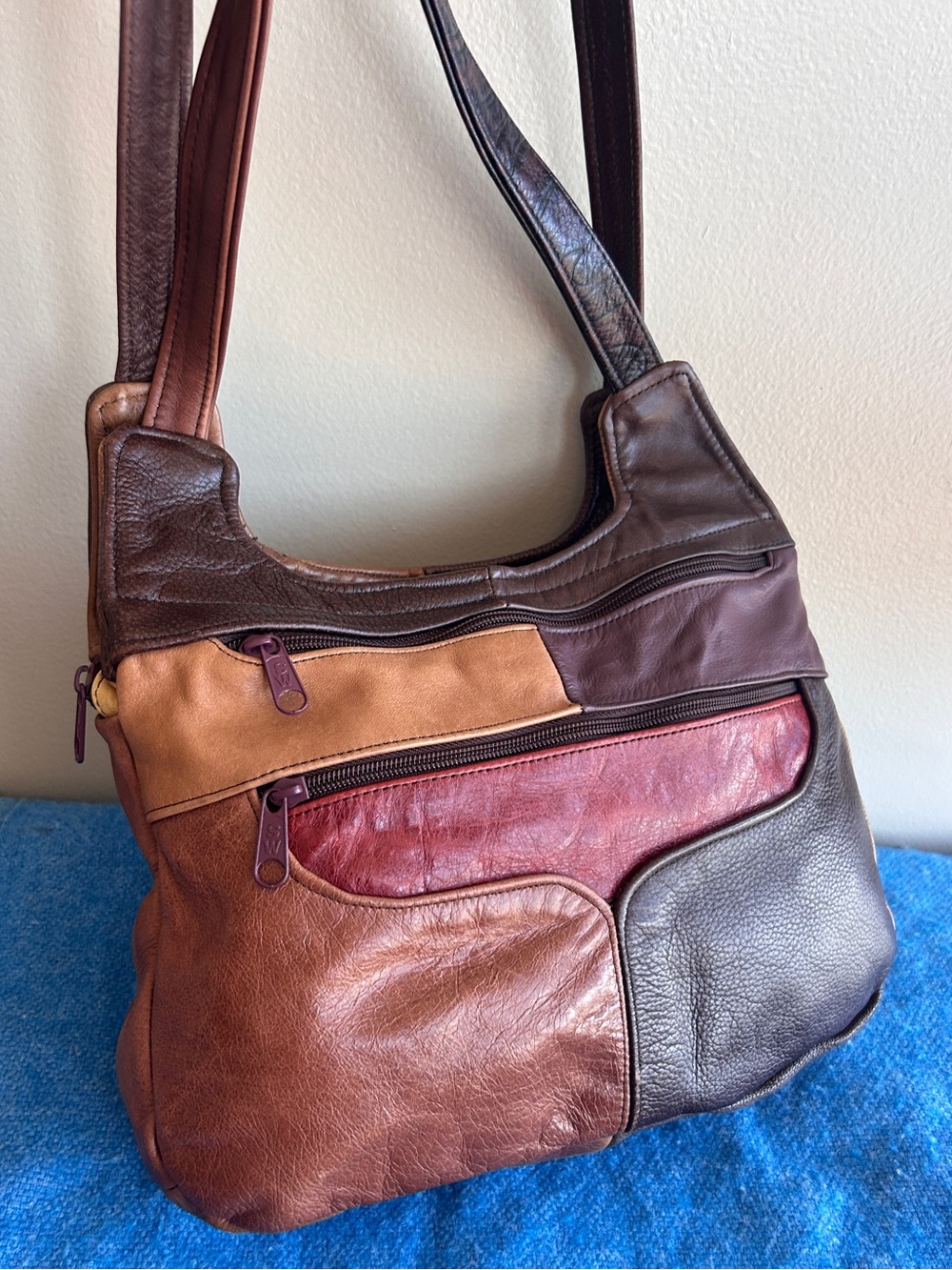 Vintage Soft Leather Patchwork Organizer Shoulder Bag Boho Artisan Earth Tone Pu